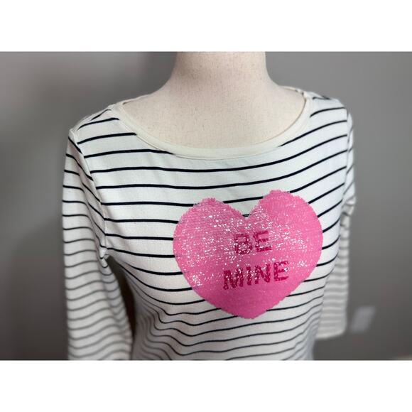 Talbots Valentine top black & white stripe pink sequin Be Mine heart cotton Sz S - Picture 2 of 6